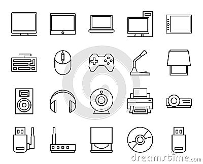 Electronic and analog devices. basic set of simple linear icons Vector Illustration