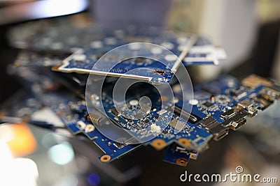 Electronic assembly system for processing and processing raw materials in electronics factory Stock Photo