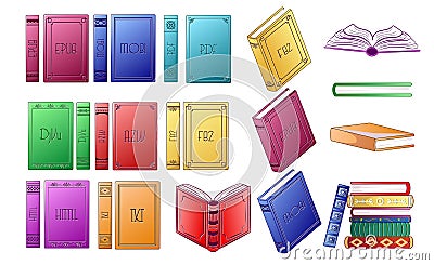 Electronic books of different formats with inscriptions epab, mobi, pdf. Gradient cartoon books from different angles. Vector Illustration