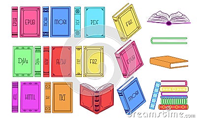 Electronic books of different formats with inscriptions epab, mobi, pdf. Simple flat books from different angles. Interface design Vector Illustration