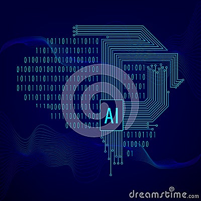 Electronic brain and Concept of artificial intelligence. Graphic of a digital brain outline made from circuit board Vector Illustration