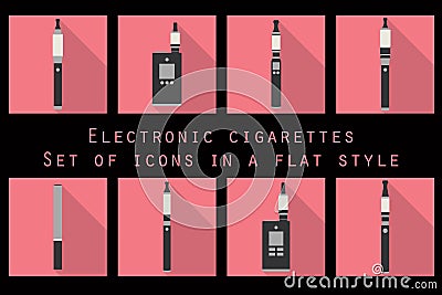 Electronic cigarette, electronic cigarette flat icons, e-cigarette icons, types vaporizers, smoking electronic cigarette, set. Vector Illustration