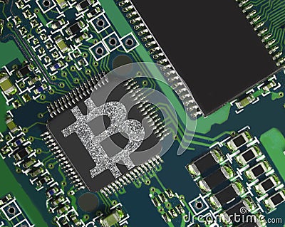 Electronic circuit with BitCoin silver symbol Stock Photo