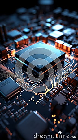 electronic circuit board with an advanced processor 3D rendering Stock Photo