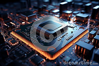 electronic circuit board with an advanced processor 3D rendering Stock Photo