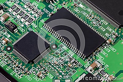 Electronic circuit board with many component parts Stock Photo