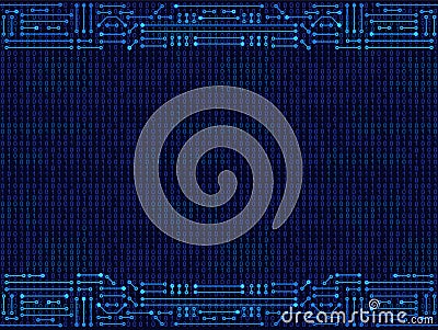 Electronic circuit frame on binary code background. High tech concept. Digital banner Vector Illustration