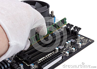 Electronic collection - Installing memory module in DIMM slot on Stock Photo