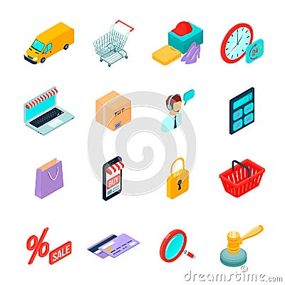 Electronic Commerce Shopping Isometric Icons Vector Illustration