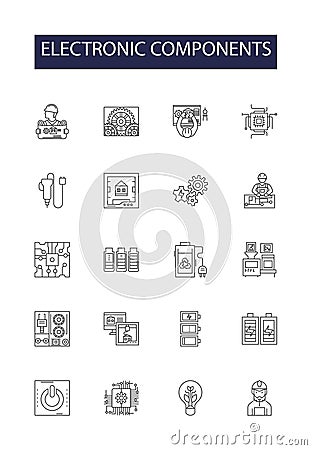 Electronic components line vector icons and signs. Resistors, Diodes, Capacitors, LEDs, Relays, Converters, Amplifiers Vector Illustration