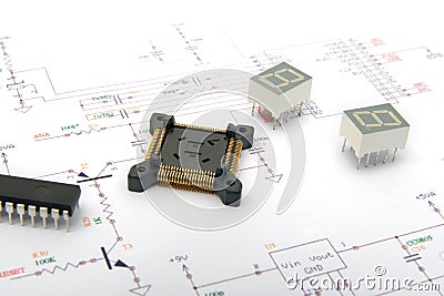 Electronic components on schematic drawings Stock Photo