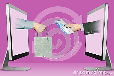 Business concept, two hands from monitors. hand with shopping bag and air ticket. 3d illustration Cartoon Illustration