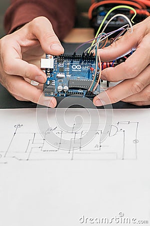 Electronic construction on base of Arduino UNO Editorial Stock Photo