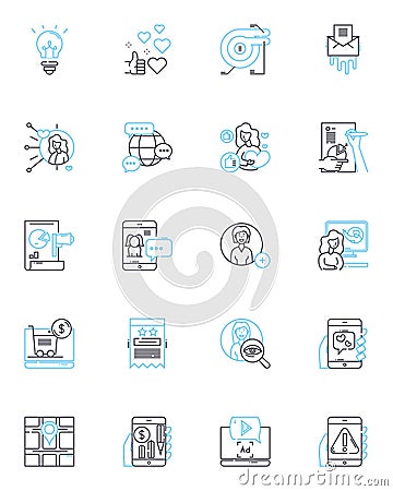 Electronic content linear icons set. Digital, Multimedia, Interactive, Online, Virtual, Downloadable, Animated line Vector Illustration