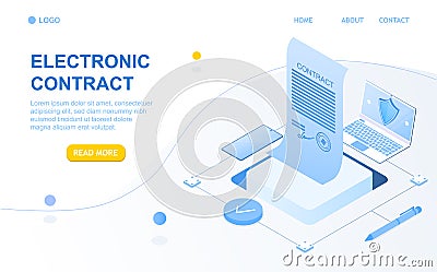 Electronic contract concept. Secure Digital Signature via smartphone or laptop. E-commerce sign on documents. Electronic Vector Illustration