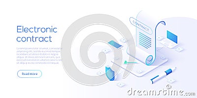 Electronic contract or digital signature concept in isometric vector illustration. Online document sign via smartphone or laptop. Vector Illustration