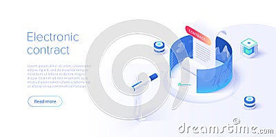 Electronic contract or digital signature concept in isometric vector illustration. Online document sign via smartphone or laptop. Vector Illustration