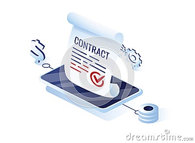 Electronic contract or digital signature concept in isometric vector illustration. Online e-contract sign via smartphone Vector Illustration