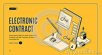 Electronic contract isometric banner, e-signature Vector Illustration