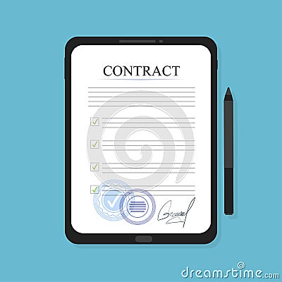 Electronic contract on the tablet, in flat style, business concept, vector Vector Illustration