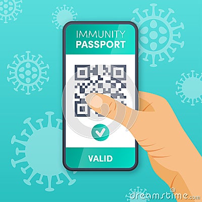 Electronic Covid-19 immunity passport QR code on smartphone screen vector concept. Vaccination or negative coronavirus Vector Illustration