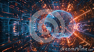 An electronic cyber brain, neural circuits in a quantum computing system, biotechnology innovation, robot progress, and Stock Photo