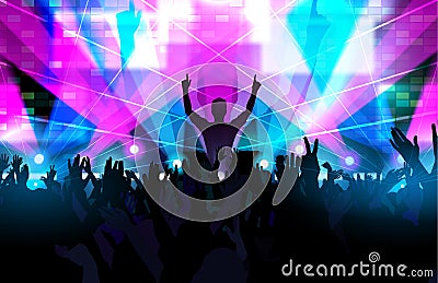 Electronic dance music festival with dancing people hands up Vector Illustration