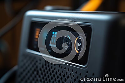 Electronic device control panel featuring illuminated settings and power button, highlighting modern technology and user interface Stock Photo
