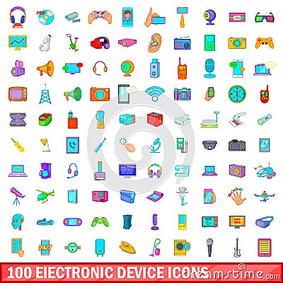 100 electronic device icons set, cartoon style Vector Illustration