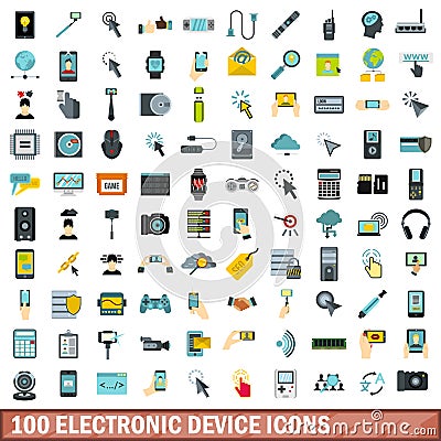 100 electronic device icons set, flat style Vector Illustration