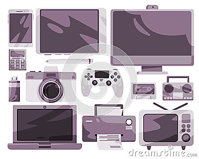 Electronic device laptop radio cassette game object set collection illustration Vector Illustration