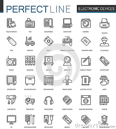 Electronic device thin line web icons set. Gadgets devices outline stroke icons design. Vector Illustration