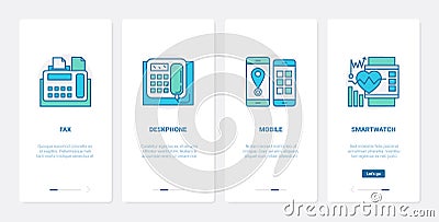 Electronic devices for communication UX, UI onboarding mobile app page screen set Cartoon Illustration