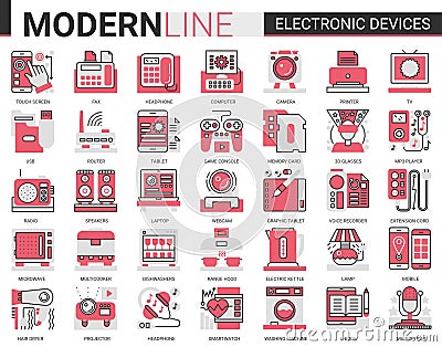 Electronic devices complex concept flat line icon vector illustration set, computer accessories and kitchen appliances Vector Illustration