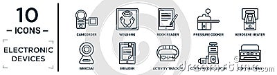 electronic.devices linear icon set. includes thin line camcorder, book reader, kerosene heater, ereader, cold-pressed juicer, copy Vector Illustration