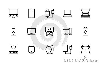 Electronic devices related vector linear icons set. Isolated icon collection such as hard drive, phone, scanner, headset and more Stock Photo