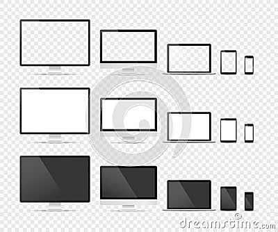 Electronic devices, web design vector template with laptop, tablet, smartphone, computer. Flat design, vector illustration on Vector Illustration