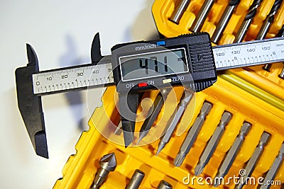 Electronic digital vernier caliper details and close-up. The appearance of an electronic digital vernier caliper Editorial Stock Photo