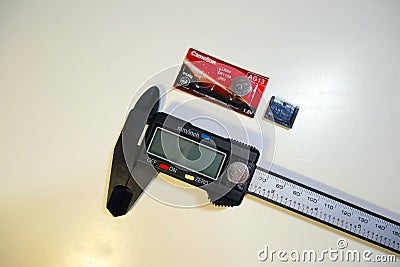 Electronic digital vernier caliper details and close-up. The appearance of an electronic digital vernier caliper Editorial Stock Photo