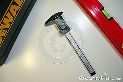 Electronic digital vernier caliper details and close-up. The appearance of an electronic digital vernier caliper Editorial Stock Photo