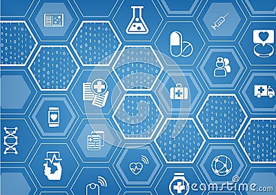 Electronic e-healthcare blue background with hexagonal shapes Vector Illustration