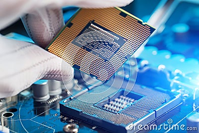 Electronic engineer of computer technology. Maintenance computer cpu hardware upgrade of motherboard component. Pc repair, Stock Photo