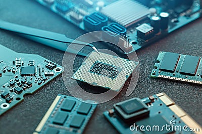 Electronic engineer of computer technology. Maintenance computer cpu hardware upgrade of motherboard component. Pc repair, technic Stock Photo