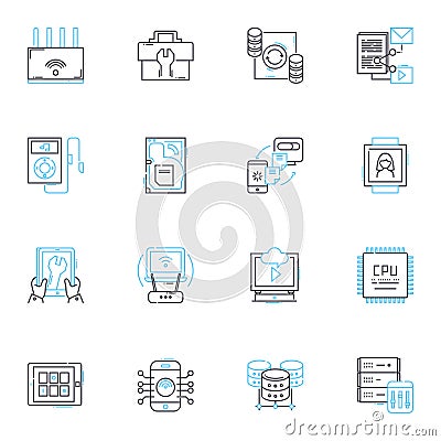 Electronic equipment linear icons set. Amplifier, Circuit, Capacitor, Diode, Transistor, Resistor, Sensor line vector Vector Illustration