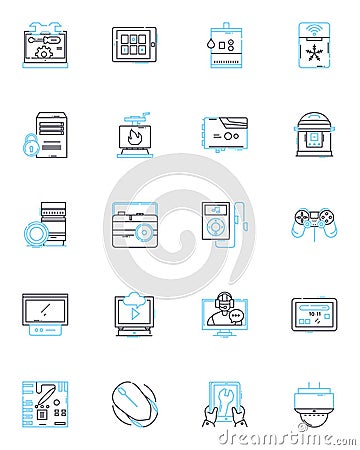 Electronic equipment linear icons set. Amplifier, Circuit, Capacitor, Diode, Transistor, Resistor, Sensor line vector Vector Illustration