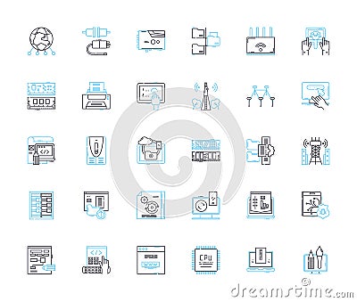 Electronic equipment linear icons set. Gadgets, Devices, Technology, Automation, Compnts, Cybersecurity, Robotics line Vector Illustration