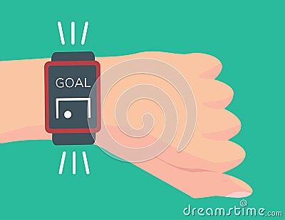 Electronic football assistant referee. System for determining goals. Hand with smart watch. Goal-line technology. Vector Illustration