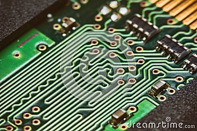Electronic green circuit board. Macro. Stock Photo