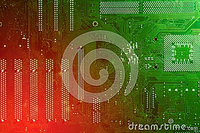 Electronic green red board, computer microcircuit top view, selective focus. The concept of microprocessors, microchips, printed Stock Photo