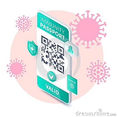 Electronic health passport QR code app isometric concept. Vector Covid-19 valid immunity pass certificate on smartphone Vector Illustration